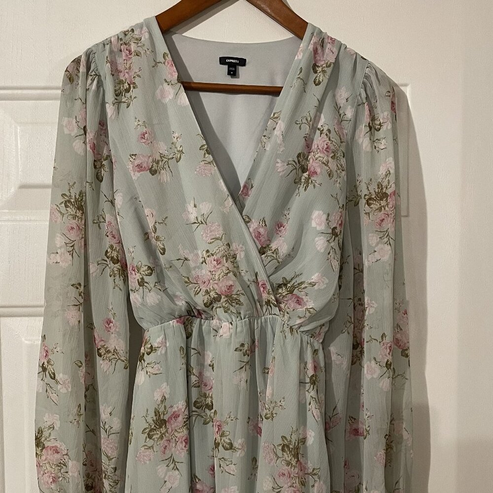 Express Blue Floral Faux Wrap Dress – Romantic Cottagecore M
